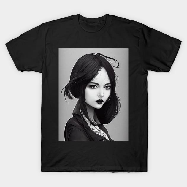 Japanese Woman Black and White T-Shirt by The Multiverse is Female